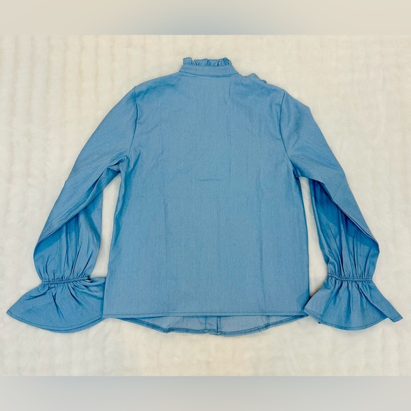 Blue Ruffled Button Up Blouse - Picture 3 of 5